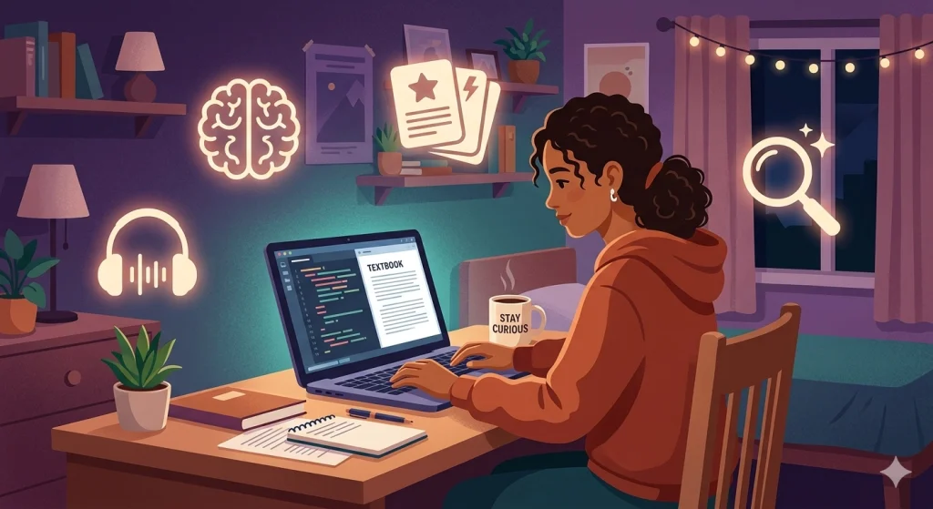 Student using AI services for students on a laptop with NotebookLM, ChatGPT, and Claude interfaces visible