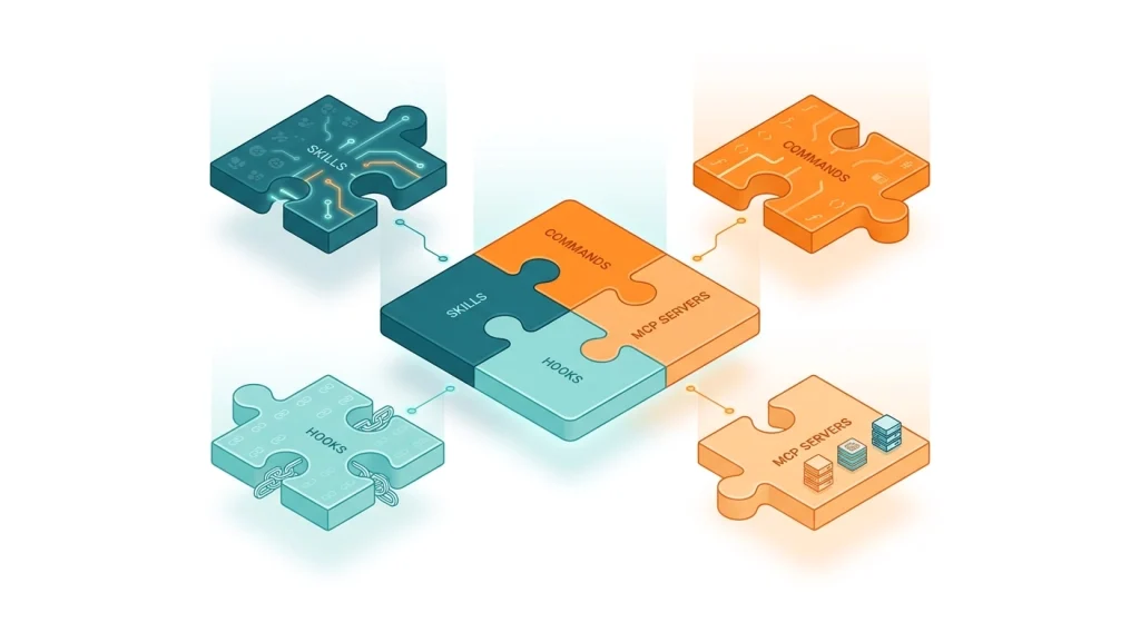 Diagram of Claude plugin architecture with skills, commands, hooks, and MCP server components
