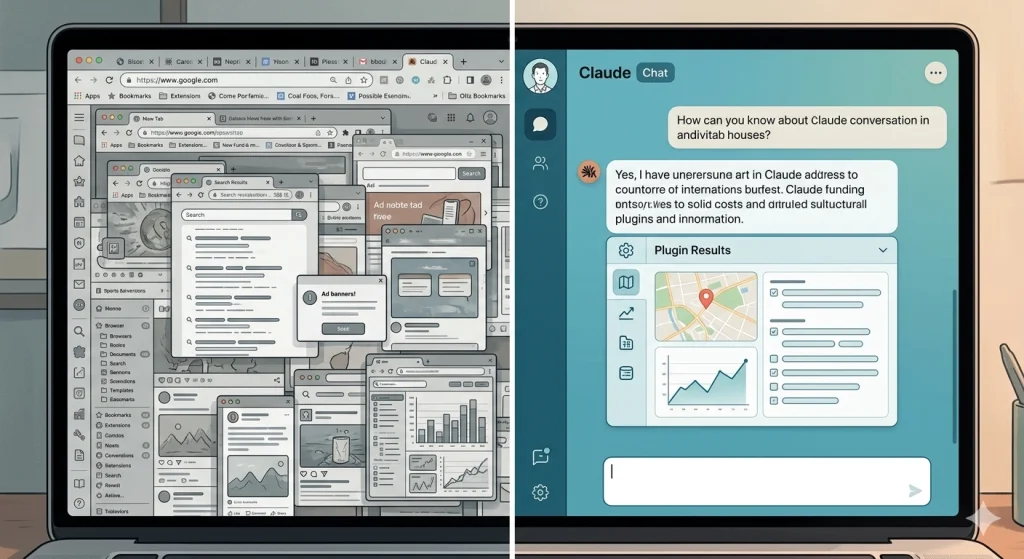 Comparison of cluttered multi-tool workflow versus streamlined Claude plugin workflow