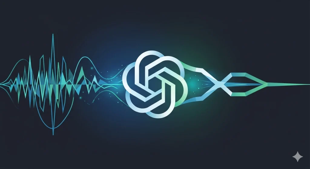 OpenAI acquires Weights.gg — audio waveform merging with OpenAI branding representing voice-cloning technology acquisition
