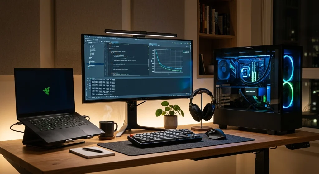 Best computer for AI workload showing laptop and desktop workstation with GPU visible