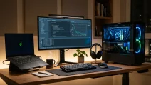 Best computer for AI workload showing laptop and desktop workstation with GPU visible