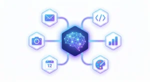 Claude Cowork AI agent connected to multiple tools and apps through glowing workflow lines