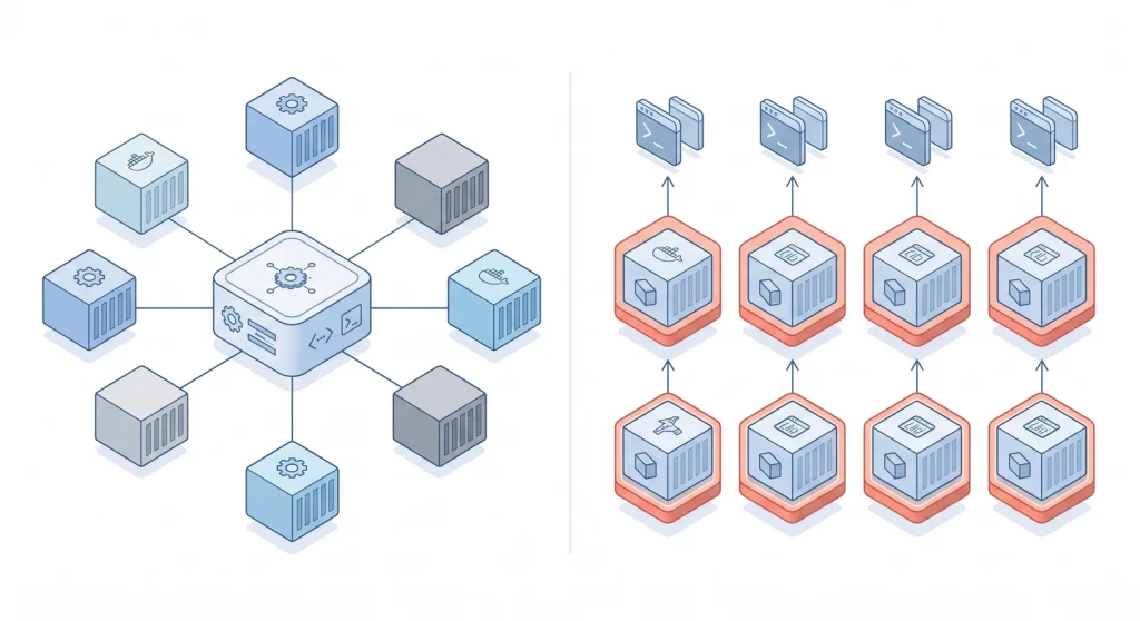 Isometric diagram comparing Docker daemon-based architecture with Podman daemonless container architecture
