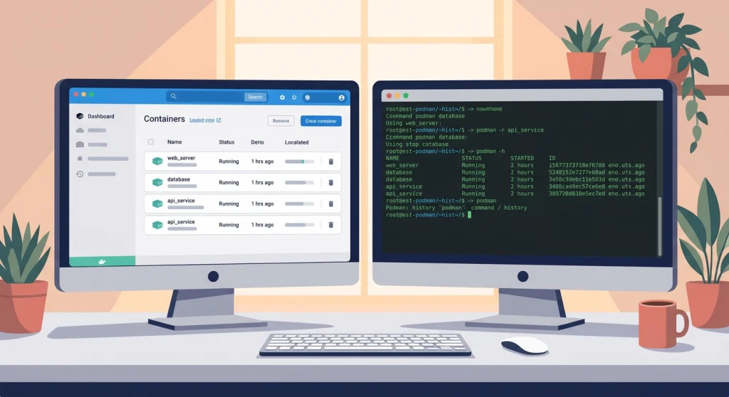 Developer workspace showing Docker Desktop and Podman terminal running identical containers side by side