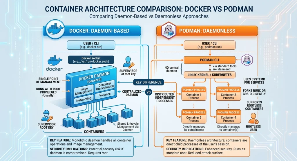 Docker vs Podman architecture comparison side by side