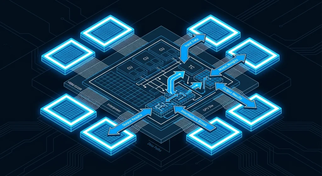 GPU architecture diagram illustrating VRAM and tensor core importance for AI workloads