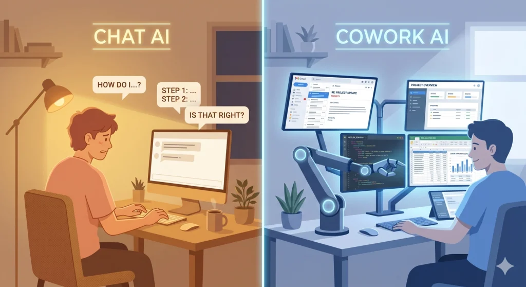 Side-by-side comparison of chat-based AI versus Claude Cowork executing multi-step workflows