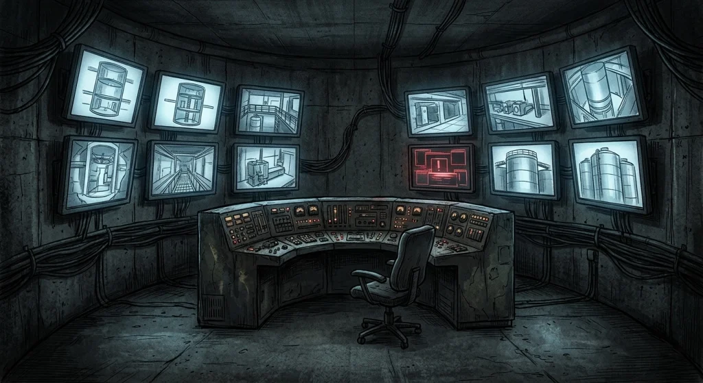 Dark illustration of an underground silo surveillance control room with monitoring screens and status consoles