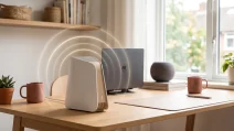 One of the best Wi-Fi 7 routers for home sitting on a home-office desk with signal rings.