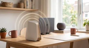 One of the best Wi-Fi 7 routers for home sitting on a home-office desk with signal rings.