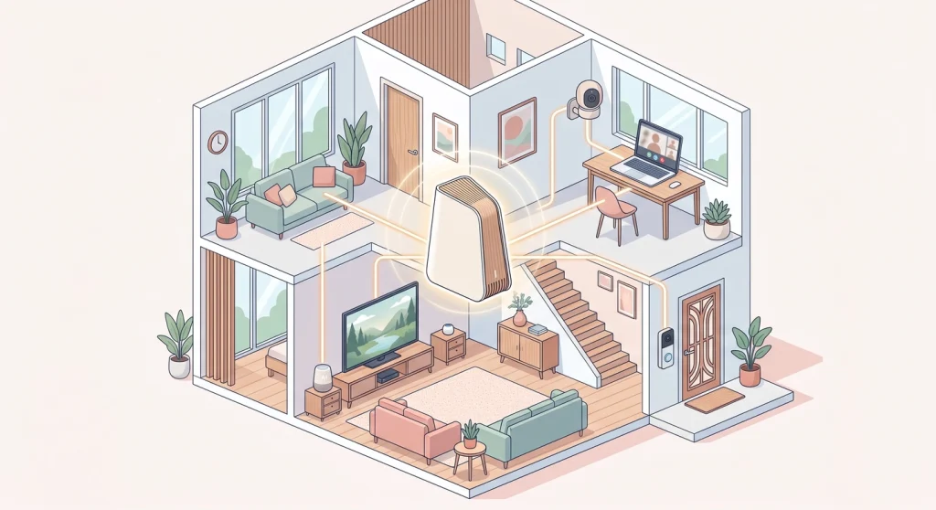 Isometric view of a smart home's devices connected to a central Wi-Fi 7 router