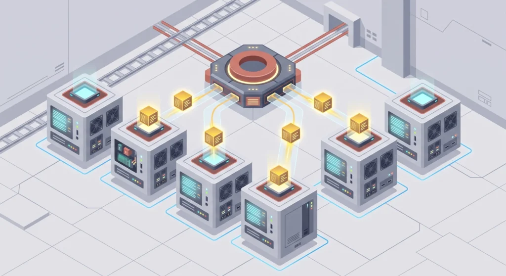 Isometric diagram showing stateless MCP requests routed to interchangeable remote server instances