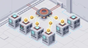 Isometric diagram showing stateless MCP requests routed to interchangeable remote server instances