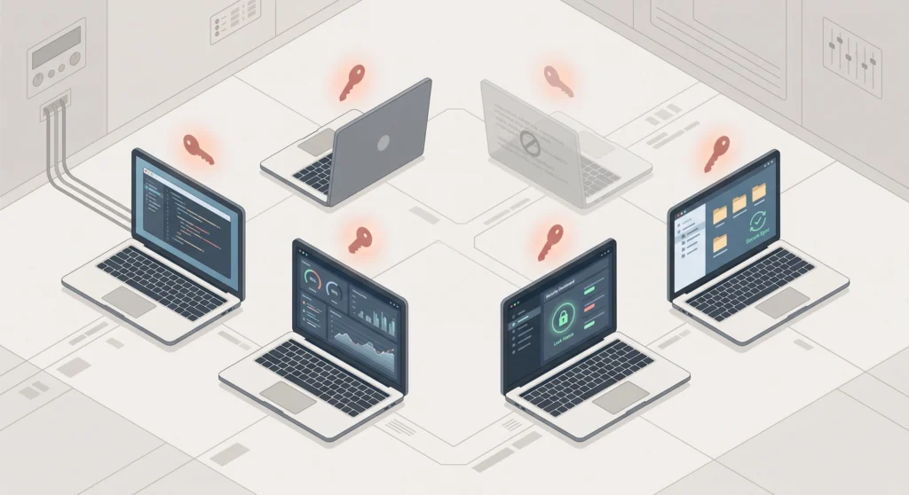 Five laptops each holding separate API credentials, illustrating MCP credential sprawl across a team