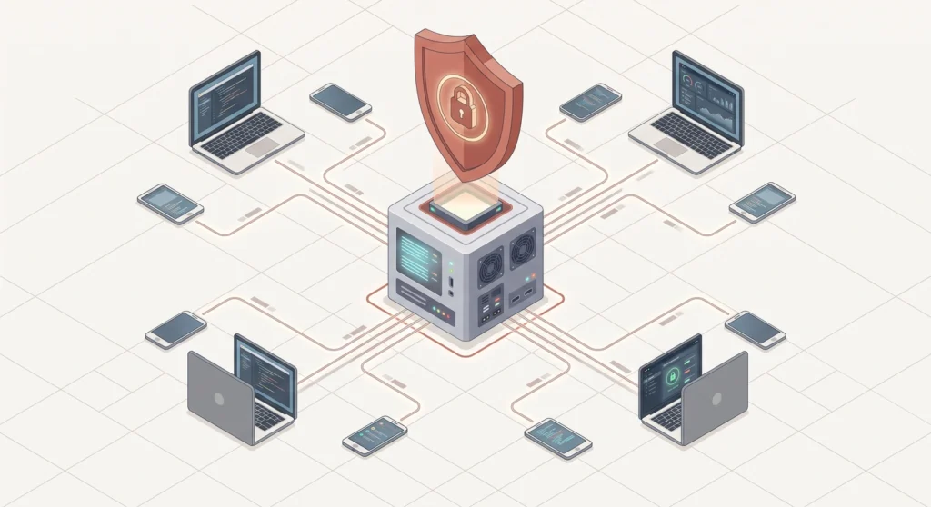 A single remote MCP server serving multiple client devices behind a security shield