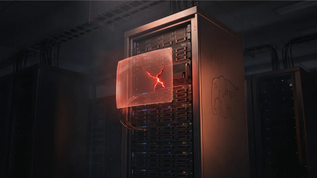 PHP2Shell vulnerability illustrated as a cracked server rack sealed by a terracotta security shield