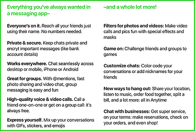 Amazon Anytime Messaging App Feature List